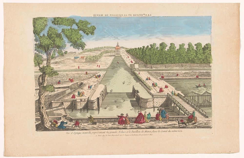 Gezicht op de grote sluis en het Pavillon de Manse te Chantilly (1700 - 1799) by weduwe Chapoulaud and anonymous