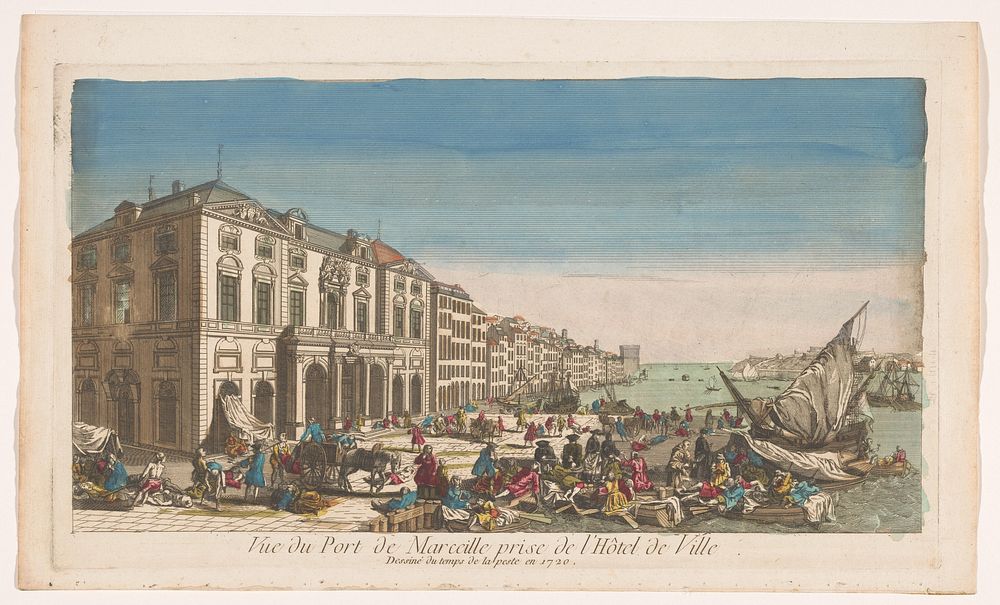 Gezicht op het Stadhuis en de haven te Marseille met slachtoffers getroffen door de pest in 1720 (1720 - 1799) by anonymous…