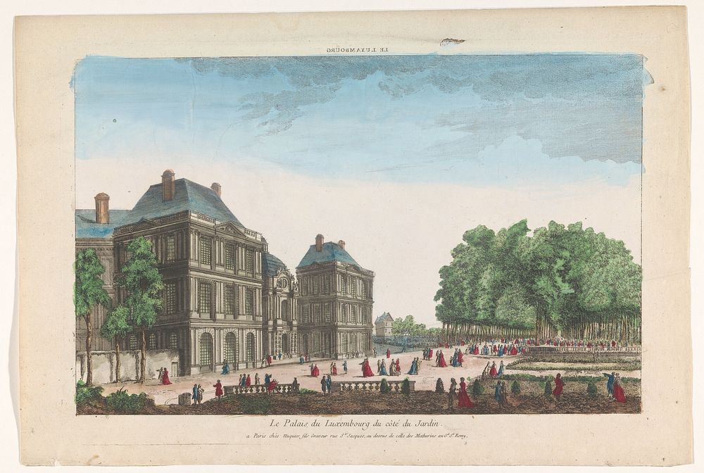 Gezicht op het Palais du Luxembourg te Parijs gezien vanaf de tuin (1735 - 1805) by Jacques Gabriel Huquier and anonymous