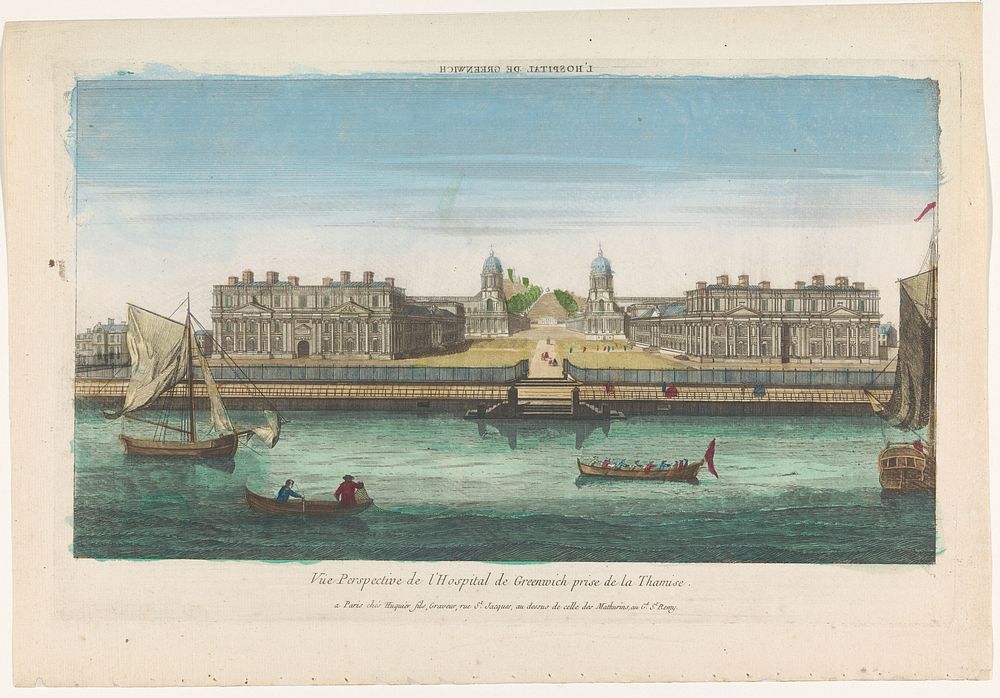 Gezicht op Greenwich Hospital aan de rivier de Theems te Greenwich (1735 - 1805) by Jacques Gabriel Huquier and anonymous