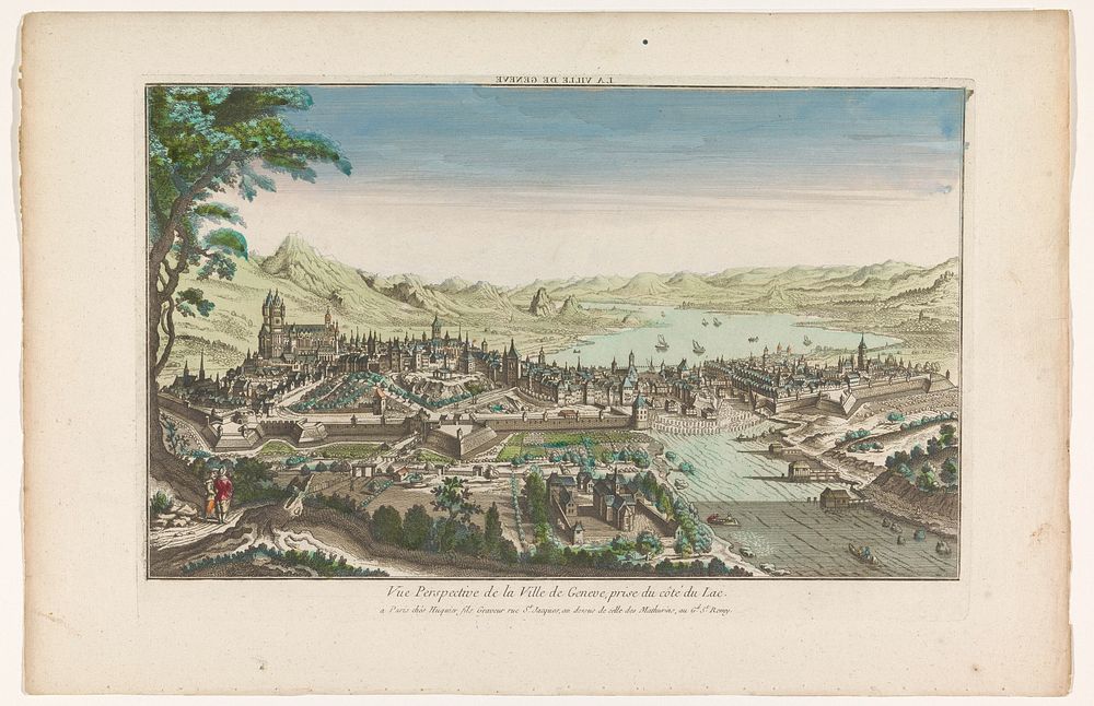 Gezicht op de stad Genève gezien vanaf het Meer van Genève (1735 - 1805) by Jacques Gabriel Huquier and anonymous