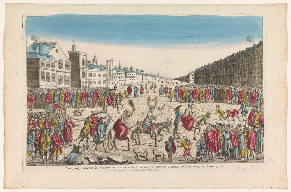 Gezicht op een bespotting van bedriegers op een plein te Venetië (1759 - c. 1796) by Louis Joseph Mondhare and anonymous