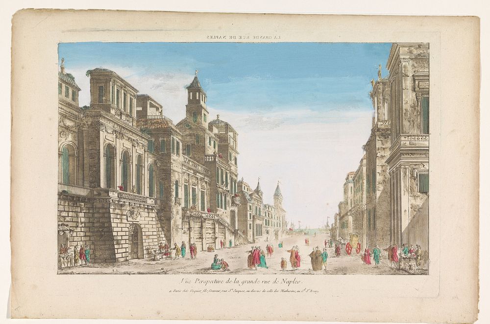 Gezicht op een straat richting de zee te Napels (1735 - 1805) by Jacques Gabriel Huquier and anonymous