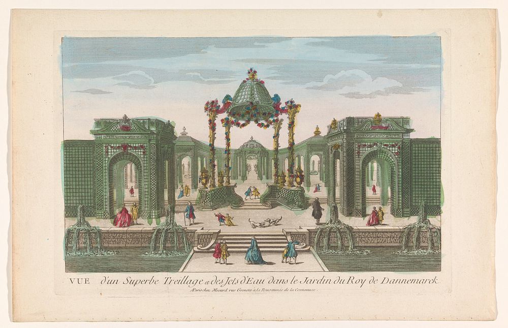Gezicht op de pergola en de fonteinen van een tuin van de koning van Denemarken (1700 - 1799) by Mesard and anonymous
