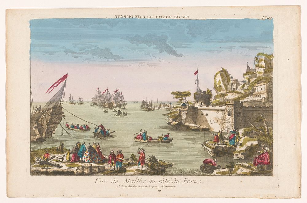 Gezicht op een kust met een fort te Malta (1700 - 1799) by Basset and anonymous