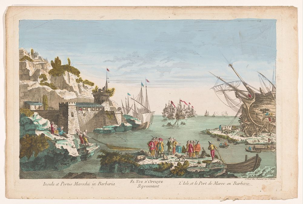 Gezicht op een haven met een scheepswerf te Marokko (1745 - 1775) by Jean François Daumont and anonymous