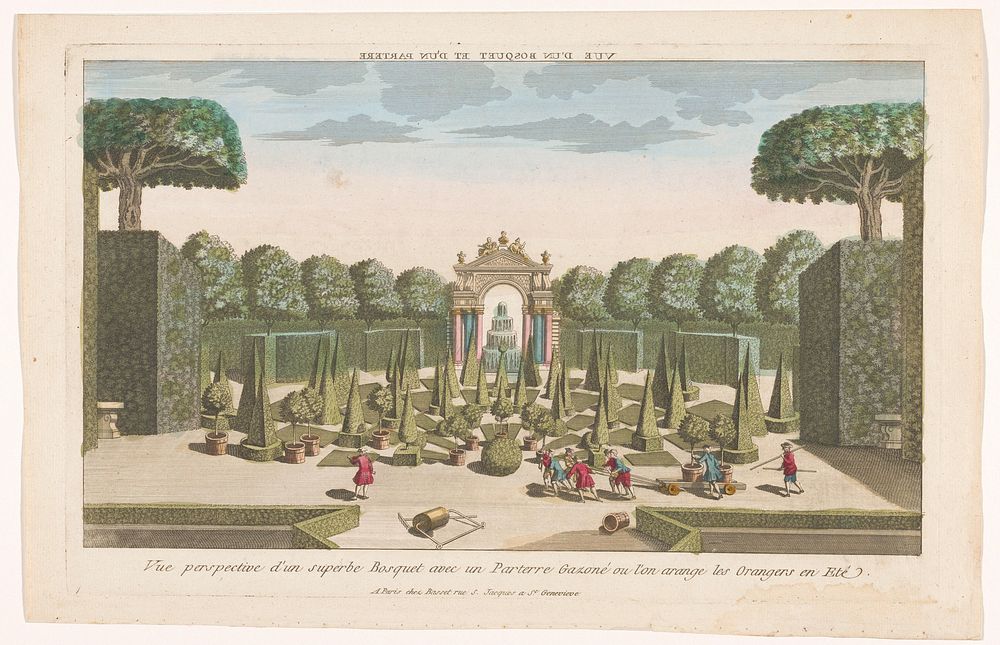 Gezicht op een perk met bomen, hagen en gazons waar in de zomer sinaasappelbomen bij worden geplaatst (1700 - 1799) by…