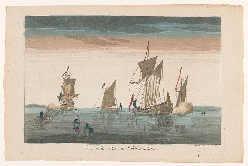 Zeegezicht met schepen en boten bij zonsondergang (1745 - 1775) by Jean François Daumont and anonymous