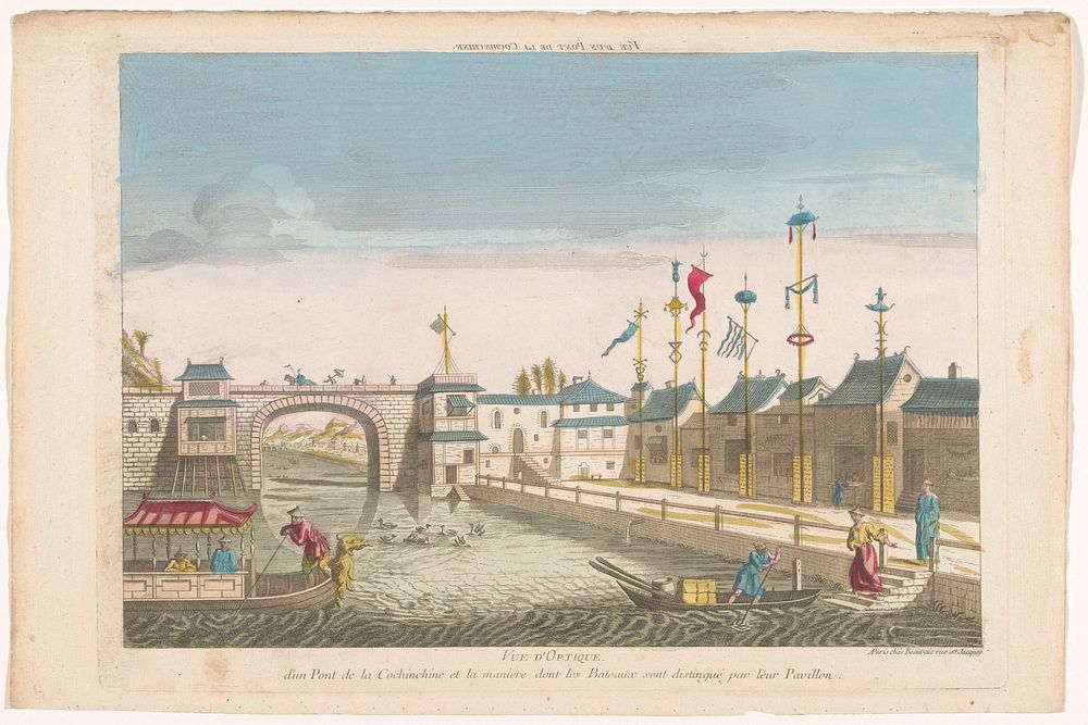 Gezicht op een brug en een rij vlaggen van verschillende boten te Cochin-China (1700 - 1799) by Beauvais and anonymous