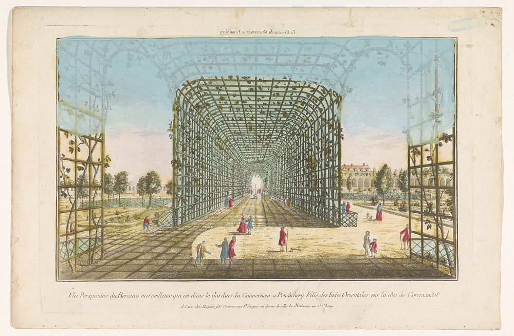 Gezicht op de loofgang van de tuin van de gouverneur te Pondicherry (1735 - 1805) by Jacques Gabriel Huquier and anonymous