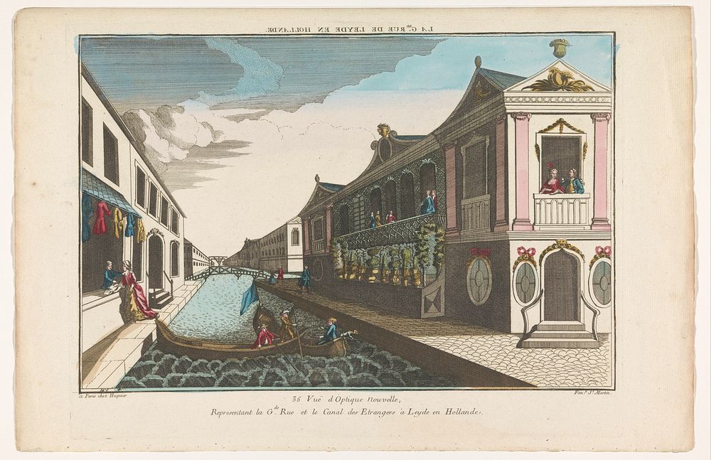 Gezicht op een straat aan een gracht te Leiden (1735 - 1805) by Jacques Gabriel Huquier and anonymous
