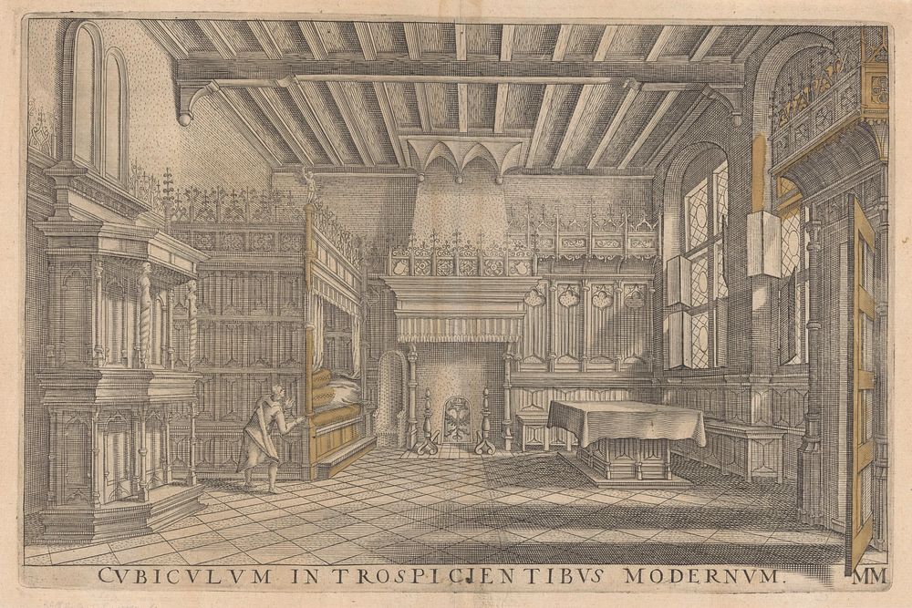 Interieur met bed, schouw en tafel (1606 - 1607) by Hendrick Hondius, Hans Vredeman de Vries and Paul Vredeman de Vries