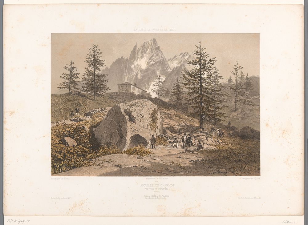 Landschap met wandelaars en zicht op de Aiguille des Grands Charmoz (1859) by Eugène Cicéri, Frédéric Martens, Joseph Rose…
