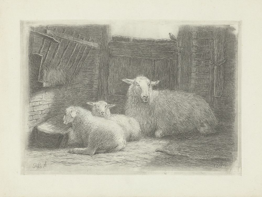 Schaap en twee lammeren in een stal (1894) by Frans Lebret