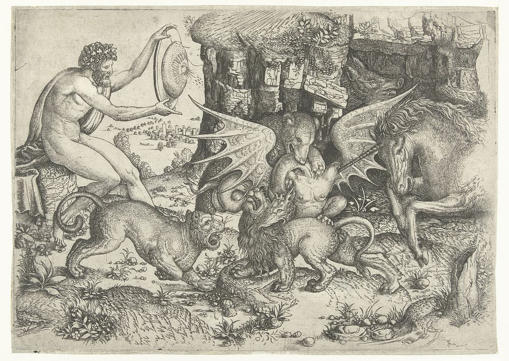 Allegorie met gevecht tussen dieren en draak bij zittende man met schild (1500 - 1520) by Meester van de Onthoofding van…