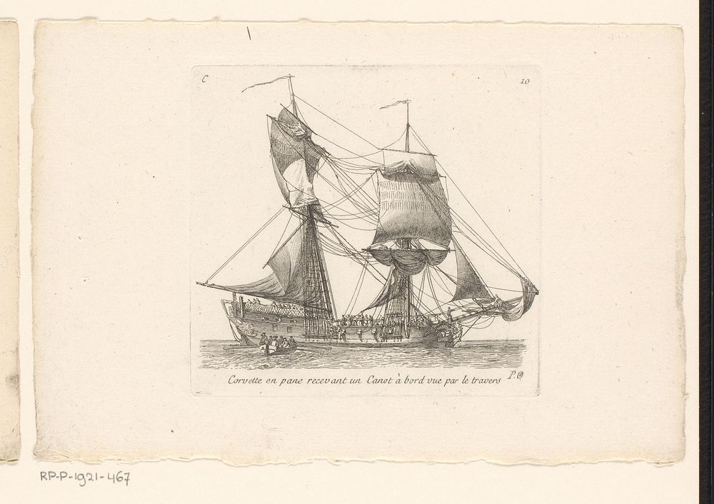Roeiboot vaart richting wachtend schip (1747 - 1813) by Pierre Ozanne and Yves Marie Le Gouaz