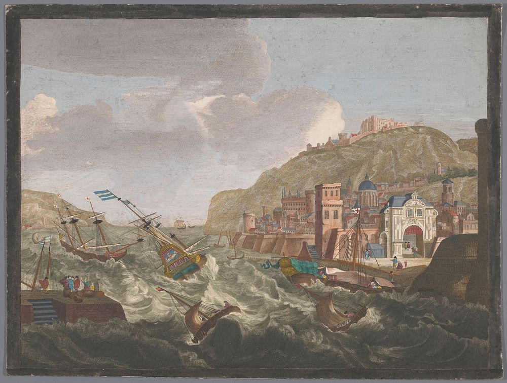 Gezicht op een zuidelijke haven met schepen en boten op het woeste water (1700 - 1799) by anonymous, Pierre Maleuvre and…