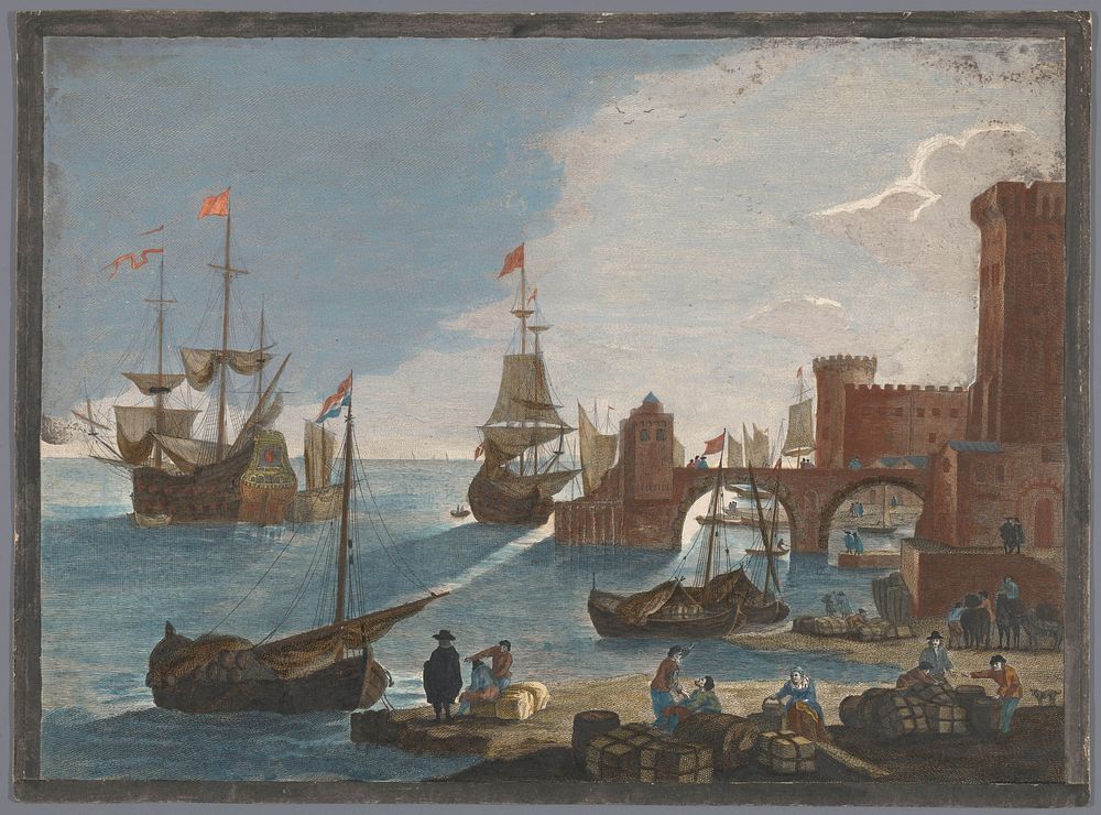 Gezicht op een zeehaven met schepen en boten op het water (1753 - 1797) by Pierre François Basan, Pierre Fouquet, Pierre…