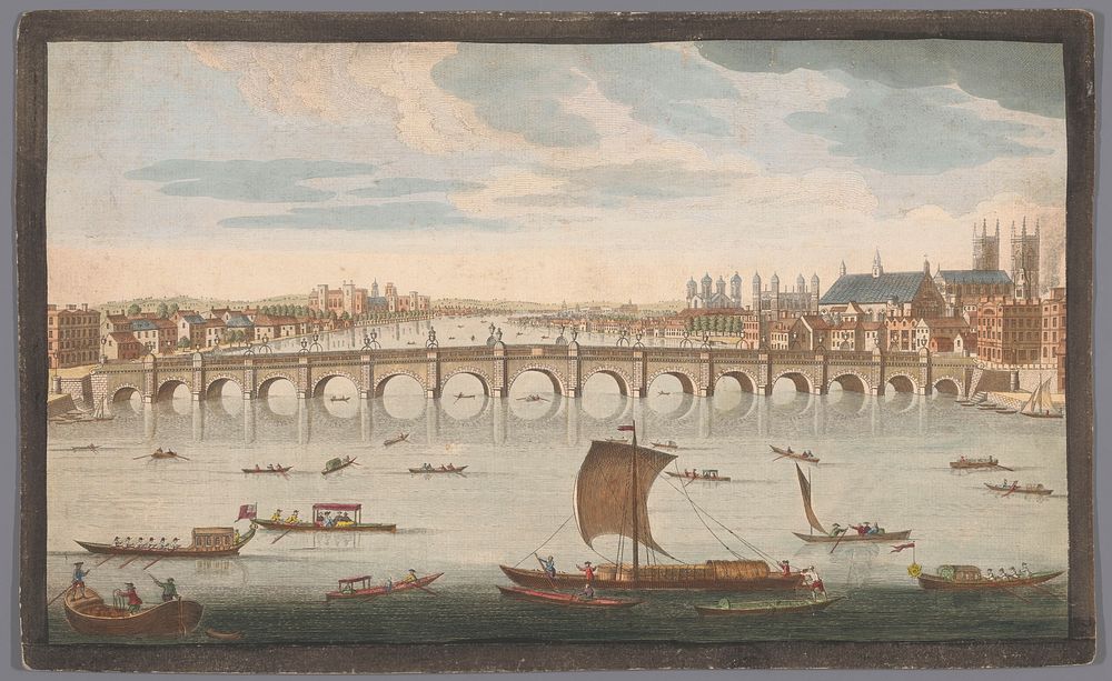 Gezicht op de Westminster Bridge over de rivier de Theems te Londen, gezien vanaf de noordzijde (1751) by Robert Sayer…