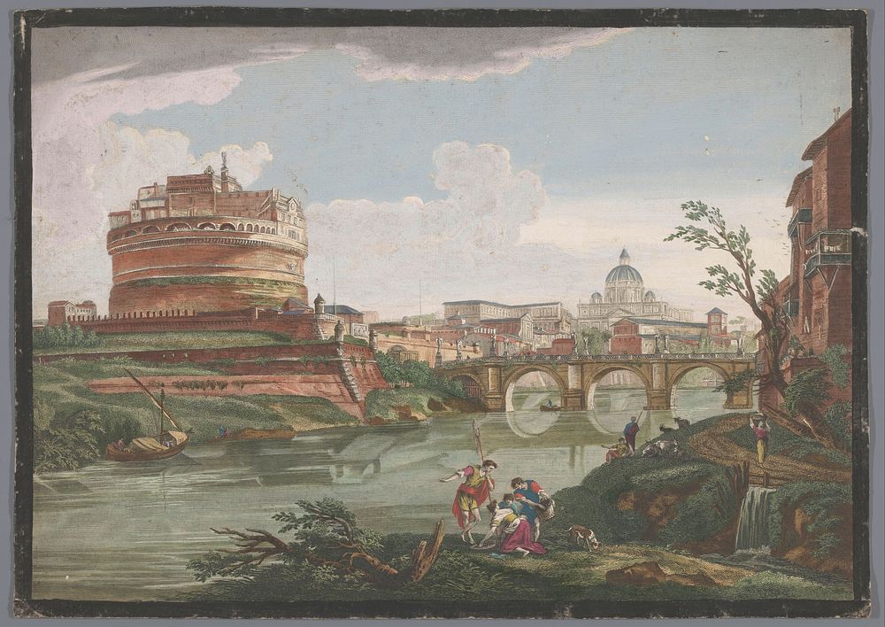 Gezicht op de Engelenburcht en de Engelenbrug over de rivier de Tiber te Rome (1759) by Jean Daullé, Jean Daullé and…