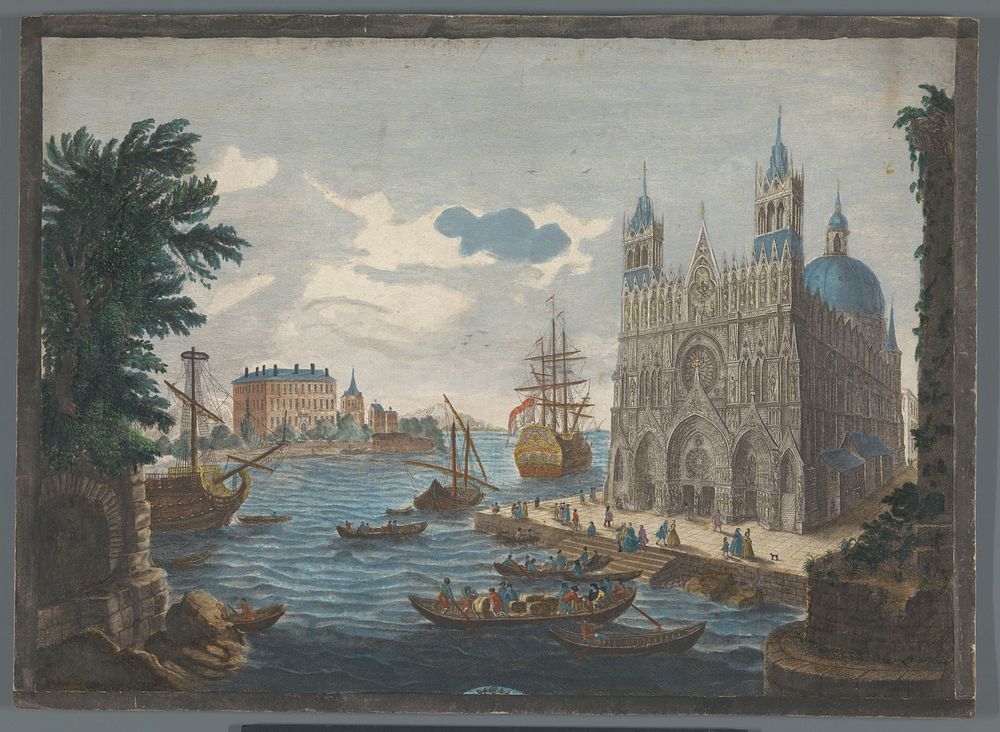 Gezicht op een gotische kathedraal aan het water (1760) by Jean Moyreau, Jean Moyreau, Grevenbroek and Lodewijk XV koning…