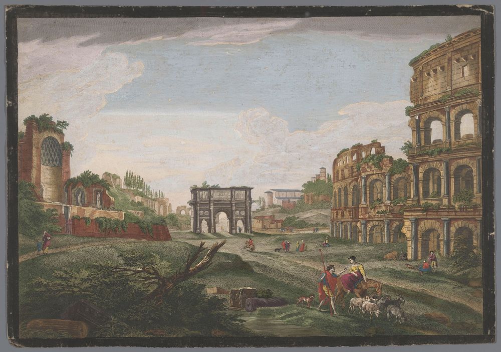 Gezicht op de ruïnes van de Boog van Constantijn en het Colosseum te Rome (1759) by Jean Daullé, Jean Daullé and anonymous