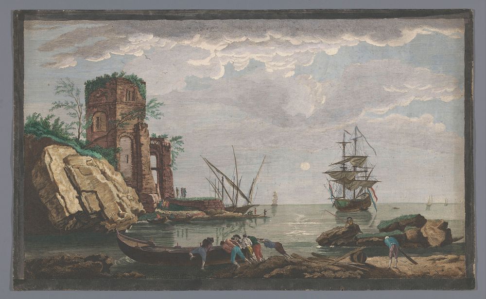 Gezicht op een kust in de omgeving van de stad Toulon bij maanlicht (1733 - 1797) by Pierre François Basan, Jean François…