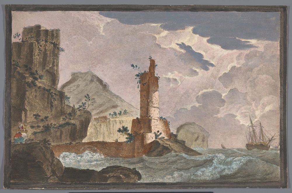 Gezicht op een haven met de ruïne van een toren aan de waterkant (1700 - 1799) by anonymous and anonymous
