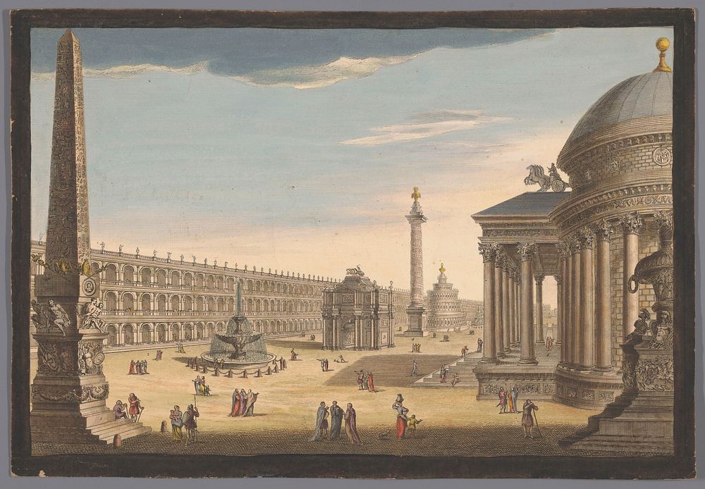 Gezicht op een obelisk, een triomfboog, een zuil en andere bouwwerken te Rome (1756) by Robert Sayer and anonymous