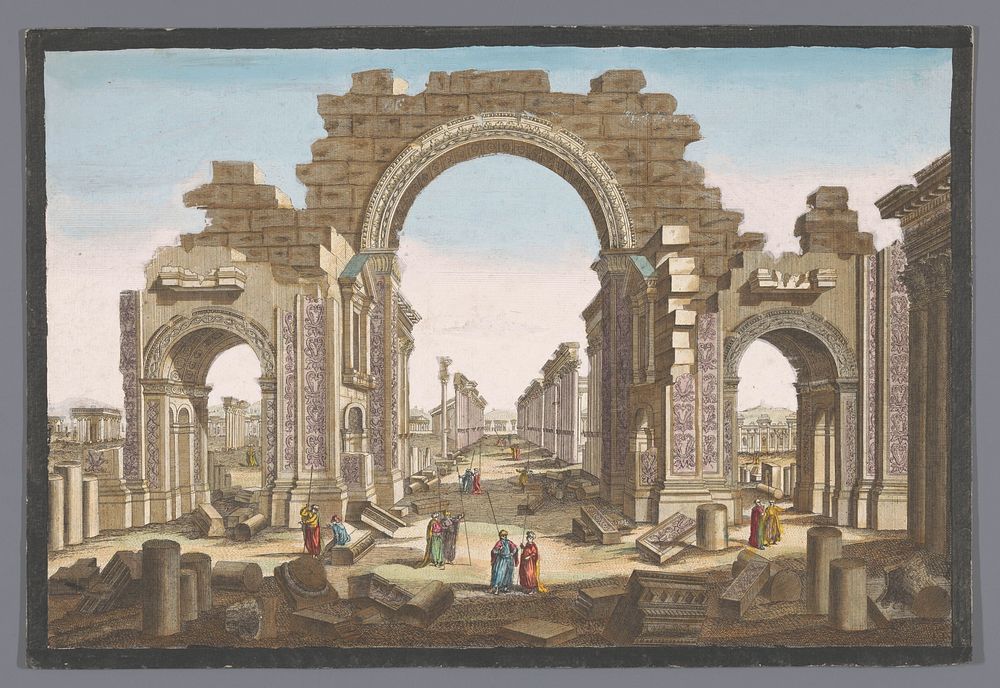 Gezicht op de ruïne van de boog van de zuilengalerij te Palmyra, gezien vanaf de oostzijde (1745 - 1775) by Jean François…