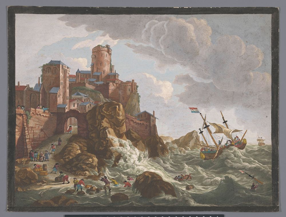 Gezicht op een kust met schepen en boten op de klippen te Noorwegen (1700 - 1799) by anonymous, Pierre Maleuvre and Ludolf…