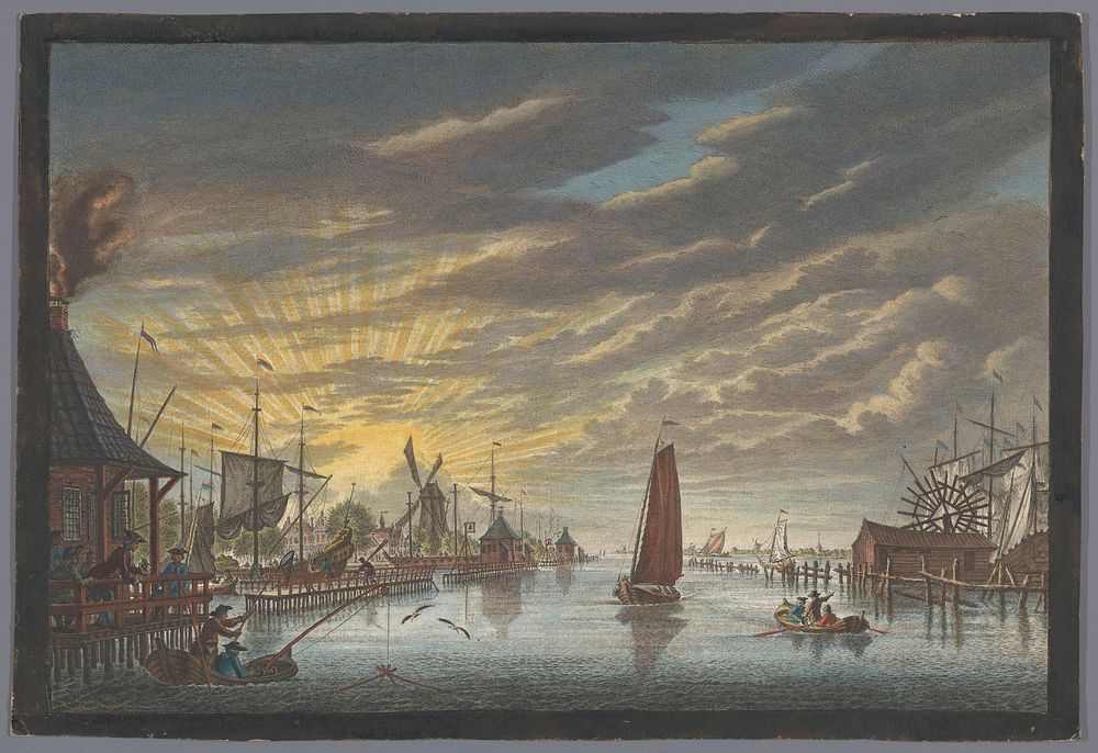Gezicht op de oude jachthaven te Amsterdam, gezien richting het bolwerk Leeuwenburg ofwel Blauwhoofd (1753 - 1799) by Pierre…