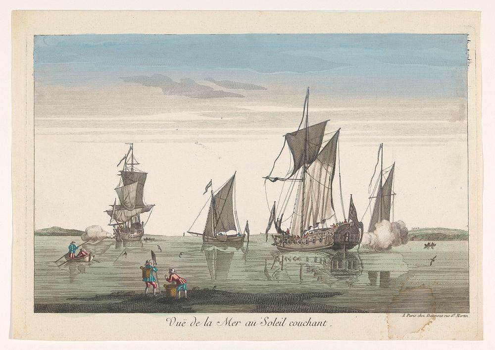 Zeegezicht met schepen en boten bij zonsondergang (1745 - 1775) by Jean François Daumont and anonymous