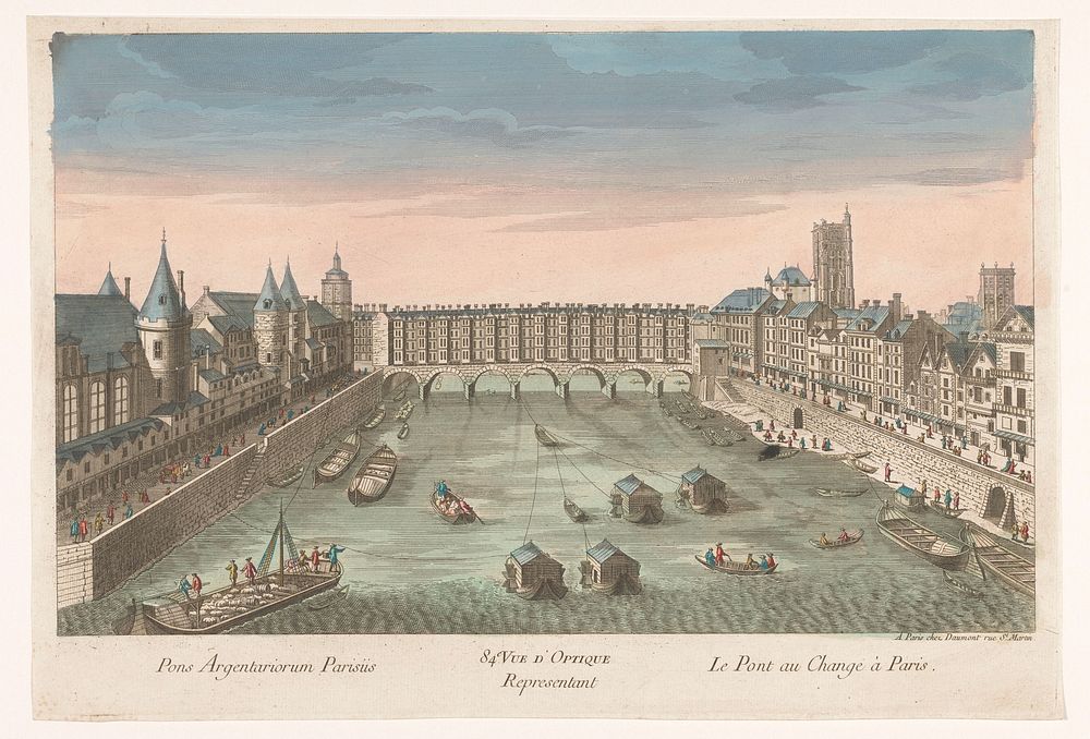Gezicht op de bebouwde Pont au Change over de rivier de Seine te Parijs (1745 - 1775) by Jean François Daumont and anonymous