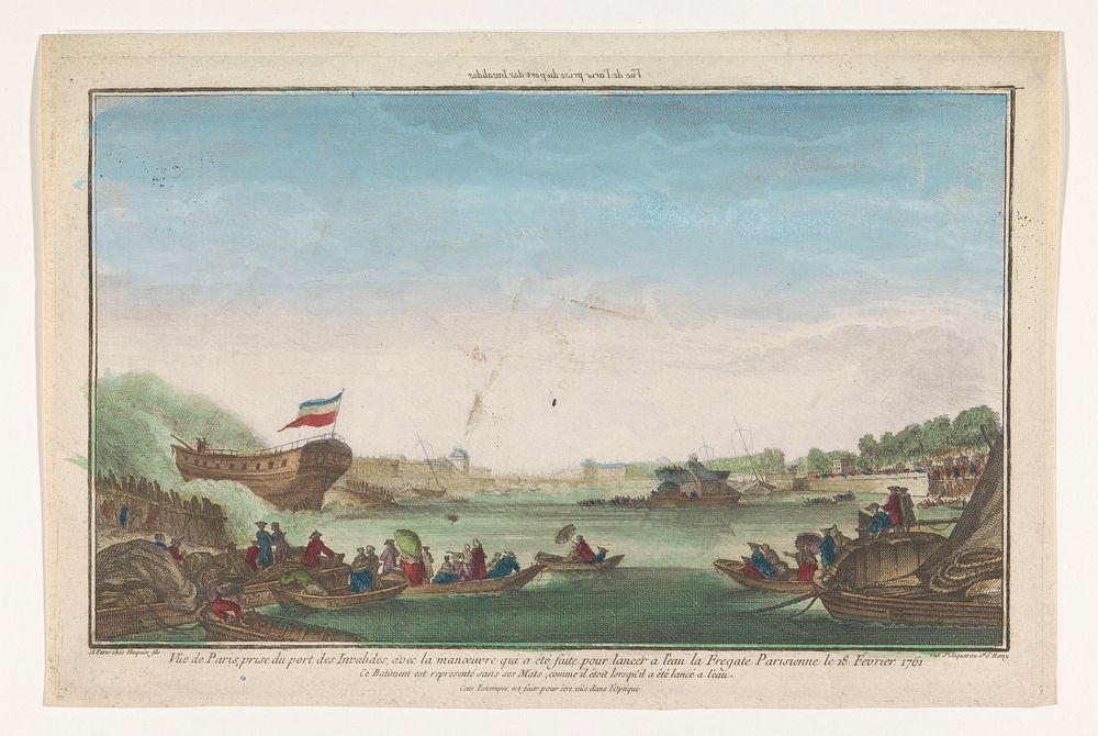 Gezicht op de Port des Invalides te Parijs met het aflopen van het Parijse fregat op 18 februari 1761 (1761 - 1805) by…