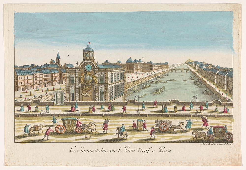 Gezicht op de waterpomp Samaritaine op de Pont Neuf over de rivier de Seine te Parijs (1745 - 1775) by Jean François Daumont…