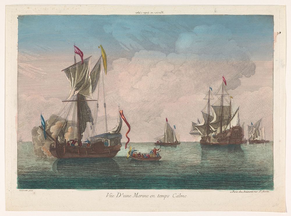 Zeegezicht met schepen en boten op een kalme zee (1745 - 1775) by Jean François Daumont, anonymous and Willem van de Velde II