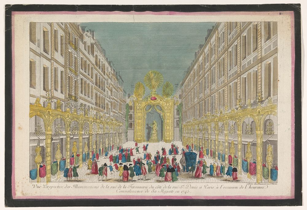 Gezicht op de decoratie van de Rue de la Feronnerie te Parijs ter gelegenheid van het herstel van Lodewijk XV, koning van…