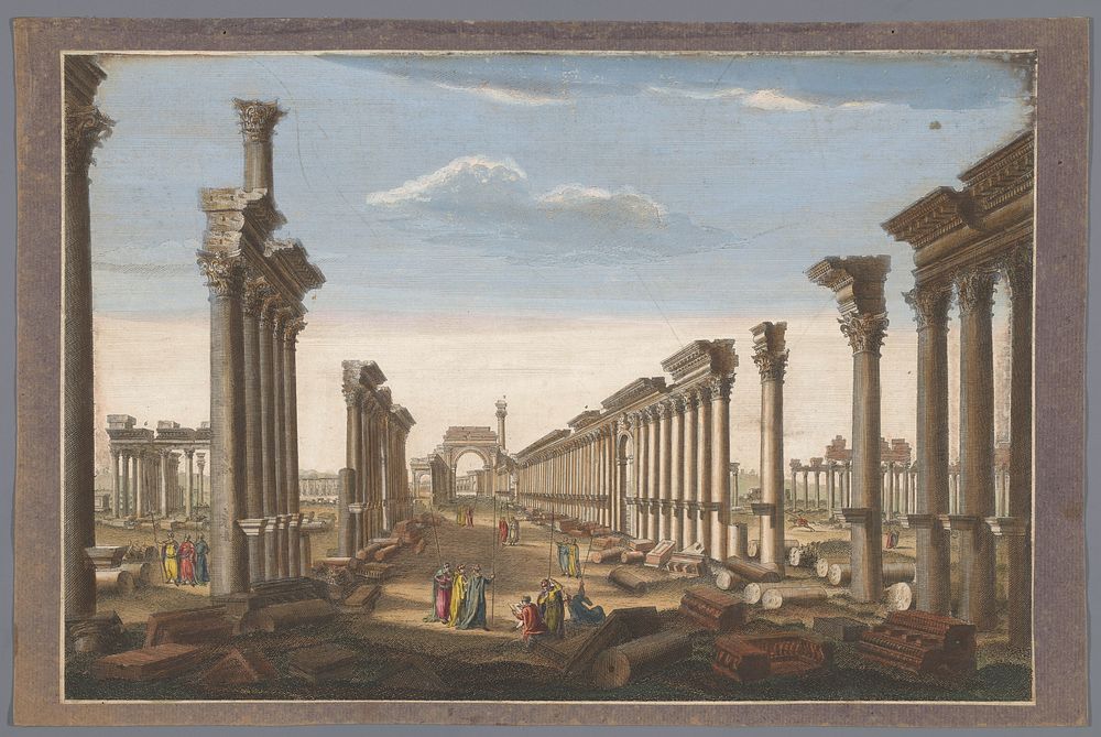 Gezicht op de ruïne van de boog van de zuilengalerij te Palmyra, gezien vanaf de westzijde (1745 - 1794) by Robert Sayer…