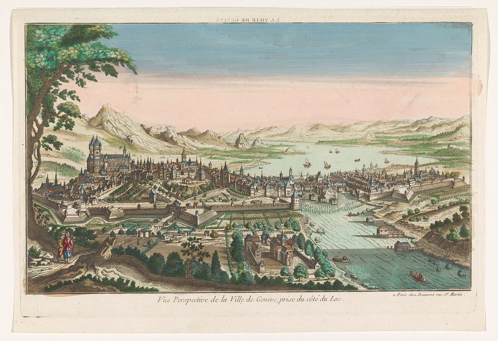 Gezicht op de stad Genève gezien vanaf het Meer van Genève (1745 - 1775) by Jean François Daumont and anonymous