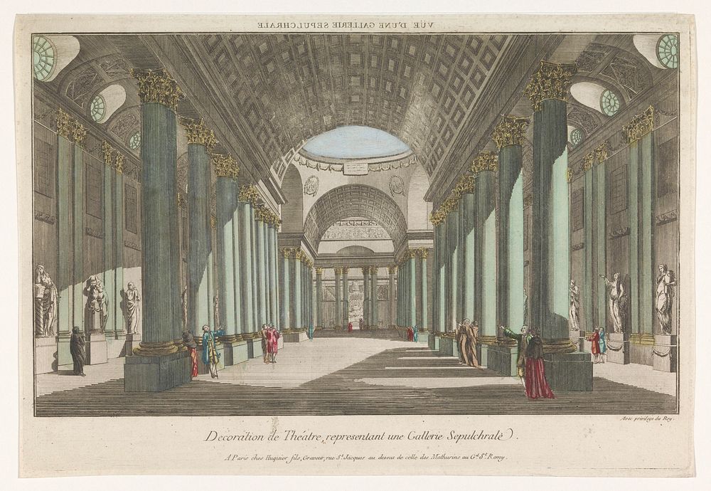 Gezicht op een galerie met sepulchrale beelden (1735 - 1805) by Jacques Gabriel Huquier, anonymous and Lodewijk XV koning…