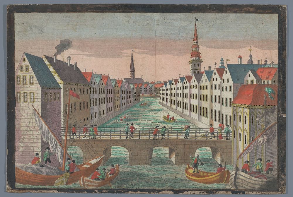 Gezicht op de Nikolaifleet tegenover de Sankt Nikolaikirche te Hamburg (1742 - 1801) by Georg Balthasar Probst and anonymous