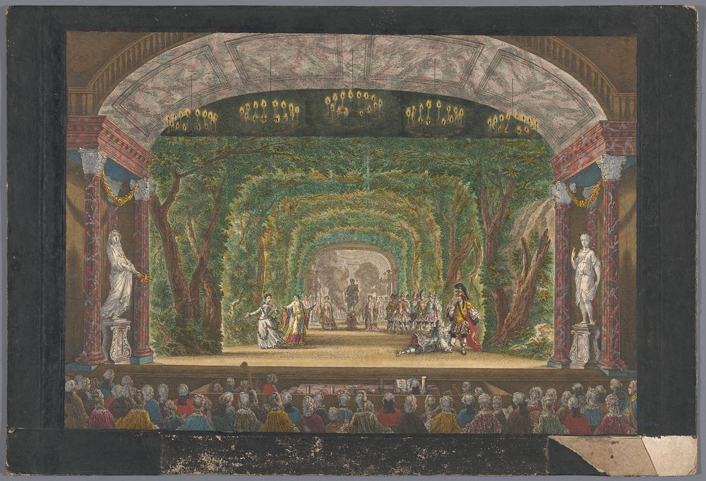Gezicht op het podium van de Schouwburg te Amsterdam met een voorstelling voor Willem V en Wilhelmina van Pruisen op 1 juni…