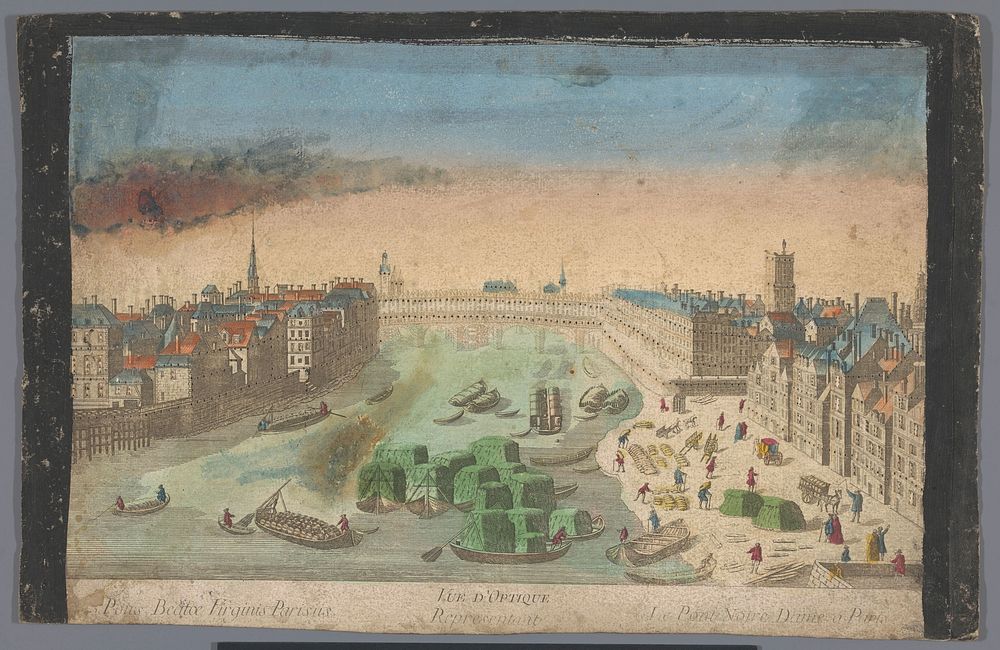 Gezicht op de bebouwde Pont Notre-Dame over de rivier de Seine te Parijs (1700 - 1799) by anonymous and anonymous