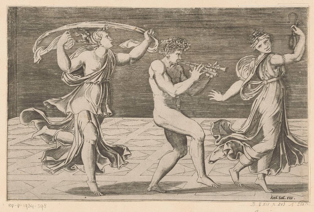 Dansende sater en maenaden (1516 - 1562) by Agostino Veneziano, Rafaël and Antonio Salamanca