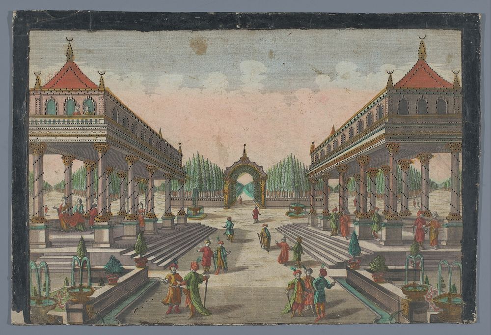 Gezicht op een zuilengalerij richting een cipressentuin te Constantinopel (1742 - 1801) by Georg Balthasar Probst and…