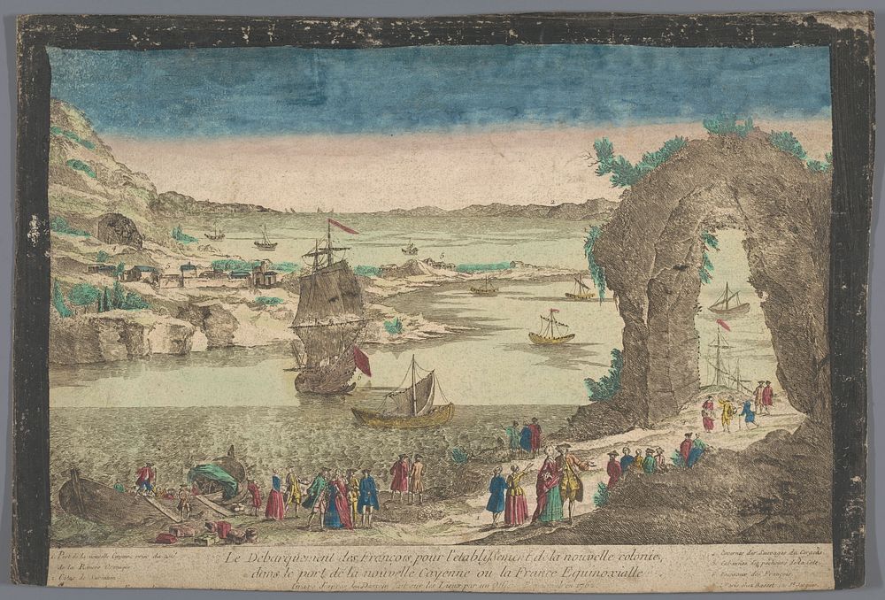 Gezicht op de aankomst van de Fransen in de haven te Cayenne voor de oprichting van een nieuwe nederzetting (1762) by…