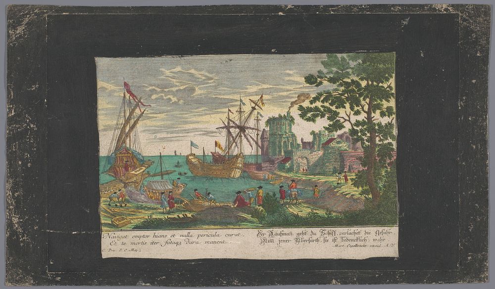 Gezicht op aangemeerde schepen en een scheepswerf (1708 - 1756) by Martin Engelbrecht, anonymous and Jozef II Duits keizer