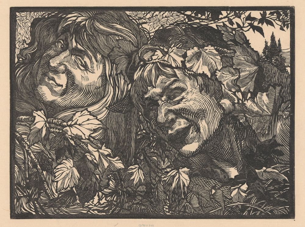 Twee bacchanten omgeven door wingerdbladeren (1881 - 1934) by Johannes Josephus Aarts