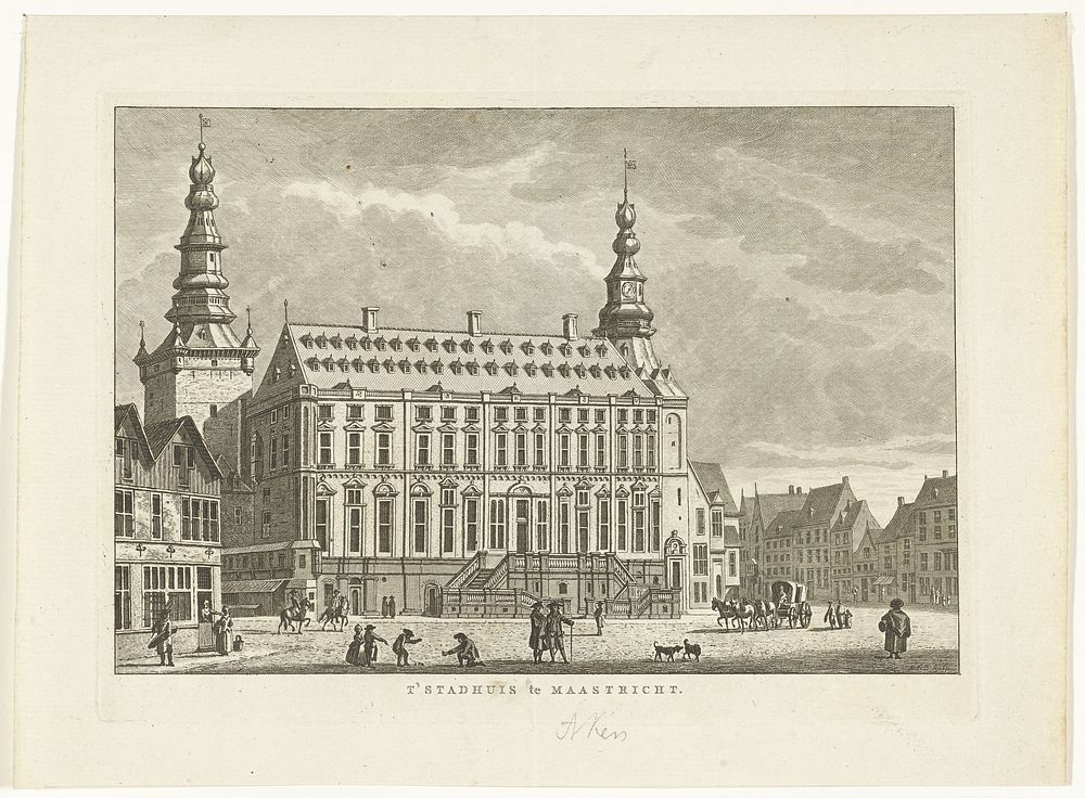 Stadsgezicht met stadhuis te Aken (1786 - 1792) by Carel Frederik Bendorp I and Jan Bulthuis